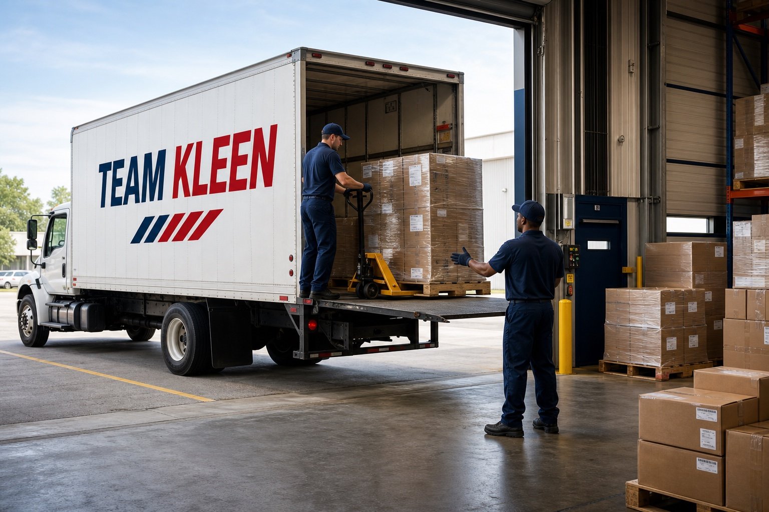 Commercial freight being loaded into a Team Kleen box truck